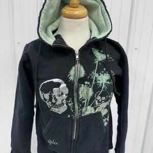 90’s/Y2K “Split” Black Zip-up Distressed Hoodie with Silver Skulls & Mint Green